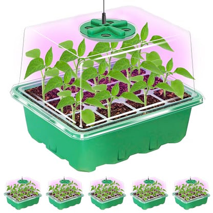 Bonviee Seed Starter Trays with 12-LED Grow Lights, Green, 5 Pack - color: Green, size: 5 Packs
