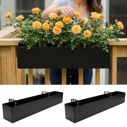 LaLaGreen Railing Planter Box (30 Inch, 2 Pack) Large Black Metal Rectangular Hanging Flower Boxes with Brackets, Planters for Outdoor Deck Railings Fence Balcony Patio Porch Over Rail Garden Decor - size: 30" x 2 Pack