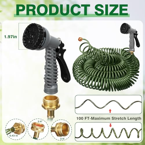 100 FT 3/8" Lightweight Coiled Garden Hose EVA Flexible with 7 Function Nozzles and Brass Connectors for Garden Watering Plants Greenhouses Patios Olive Green