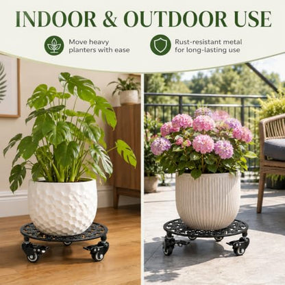 2 Pack 11" Plant Caddy with Wheels, Heavy Duty Metal, Black - color: Round Metal Black, size: 11 INCH 2PCS