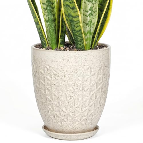 11.8 Inch Flower Pots for Indoor Plants,Ceramic Planter with Saucer Drainage Leak-Proof Mesh Gardening Gloves (Silk-White) - color: Silk-white, size: 11.8 Inch