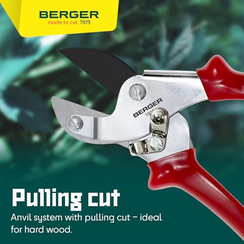 BERGER Anvil Hand Shears – Professional Garden Pruners with Anti-Stick Replaceable Blade, Non-Slip Handles, For Cutting Hard & Resinous Wood, Trimming – 1902