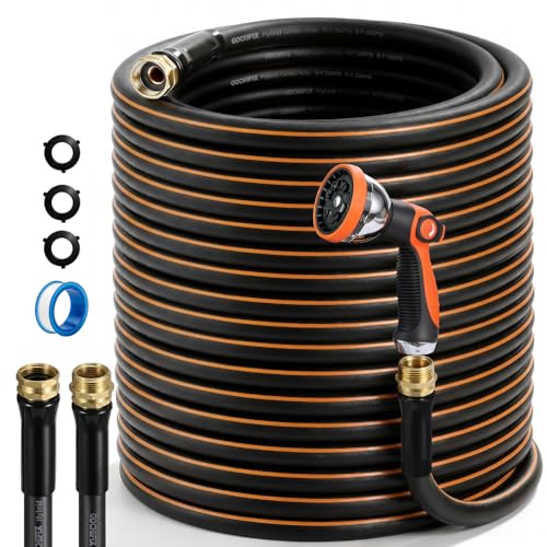 Garden Hose, 75ft 5/8" Heavy Duty Rubber Water Hose w/ 10-Mode Spray Nozzle, 550 PSI Burst, 360° Anti-Kink Swivel Connectors, All-Weather Flexible, Leakproof 3/4" Brass Male to Female Fittings - size: 75ft