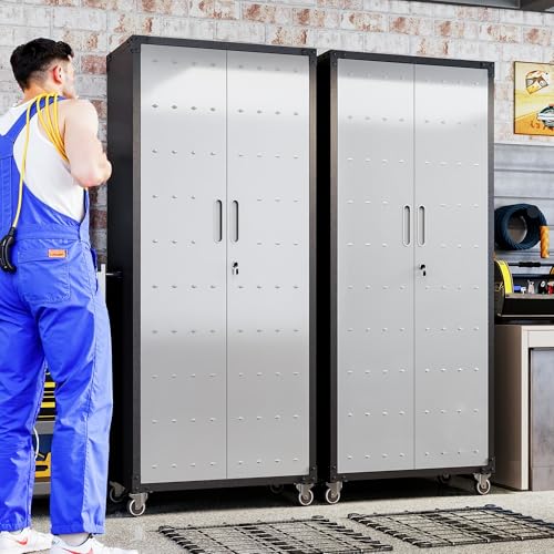 Garage Metal Storage Cabinet,71" Rolling Tool Cabinet with Pegboard and 3 Adjustable Shelves,Heavy-Duty Shelving Unit with Lockable Doors for Garage,Workshop,Home & Office Organization - color: Black/Grey, size: 71''H-2 Doors & Pegboard