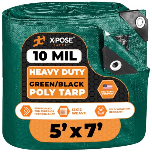 Heavy Duty Poly Tarp - 5' X 7' - 10 Mil Thick Waterproof, UV Blocking Protective Cover - Reversible Green and Black - Laminated Coating - Grommets - by Xpose Safety - color: Green/Black, size: 5 Feet X 7 Feet