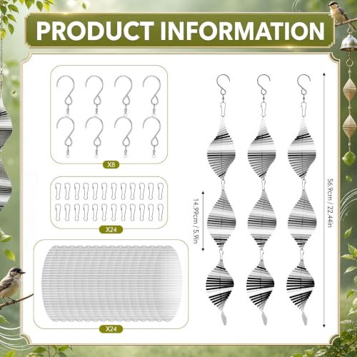 24 Pcs Stainless Steel Bird Deterrents for Outside 3D Wind Spinners (8 Sets) Outdoor Woodpecker, Pigeon, Crow Deterrent – Keep Birds Away from House, Window, Patio, Yard, Porch