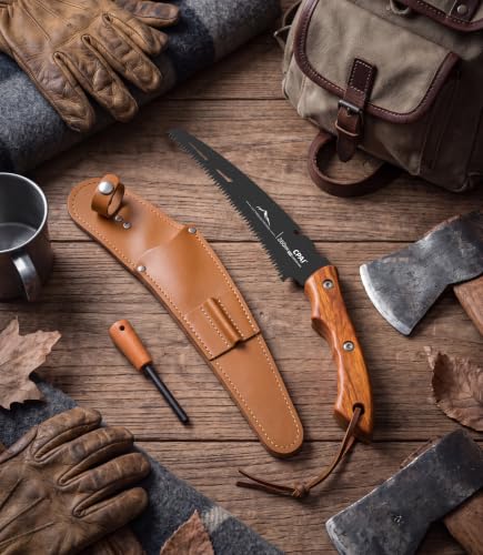S53 Curved Pruning Saw, 10-Inch SK85 Steel Hand Saw with Triple-Ground Teeth, Rosewood Handle, Protective Leather Sheath and Fire Starter for Tree Trimming, Camping, Gardening, Bushcraft