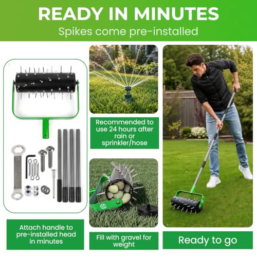Manual Lawn Aerator Roller Tool 42 Steel Spikes, 57-in Rolling Lawn Aerator - style: Rolling Aerator