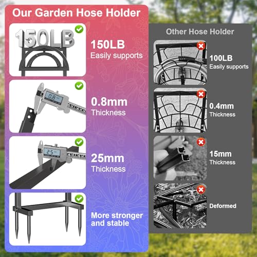 OLV Hose Holder Holds 150-ft Water Pipe, Outdoor Freestanding Heavy Duty Water Hose Holder Reel with 4 Spikes, Detachable Metal Hose Storage Stand Hanger Rack for Outside Yard Lawn Farm, Black - color: Black