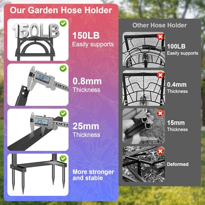 OLV Hose Holder Holds 150-ft Water Pipe, Outdoor Freestanding Heavy Duty Water Hose Holder Reel with 4 Spikes, Detachable Metal Hose Storage Stand Hanger Rack for Outside Yard Lawn Farm, Black - color: Black