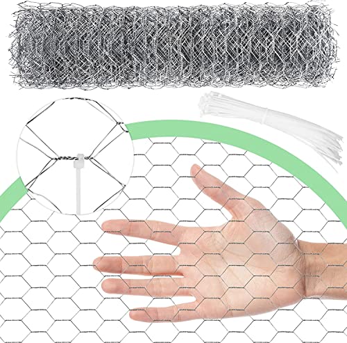 Chicken Wire 15.7 in x 237 in Poultry Wire Netting Hexagonal Galvanized Mesh Garden Fence Barrier for Pet Rabbit Chicken Fencing with 100 Pcs Cable Zip Ties - color: Silver, size: 15.7"x237"+100Ties