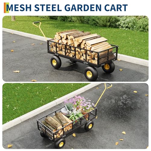 Garvee 900 lbs Steel Garden Dump Cart with Removable Sides, Convert to Flatbed, Heavy Duty Yard Cart with 180°Rotating Handle & 10" All Terrain Wheels, Utility Dump Wagon for Lawn Farm Backyard - color: Black