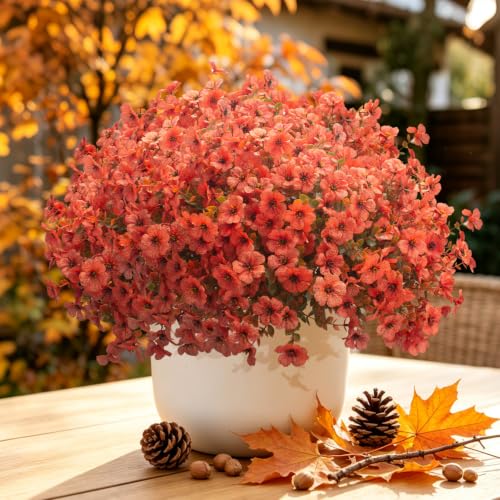 20 Bundles Fake Mums UV Resistant Artificial Fall Flowers for Outdoors - color: Fall Orange Red