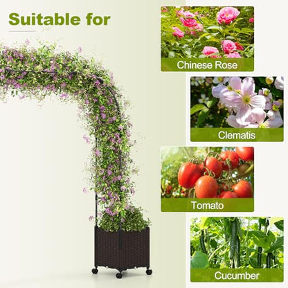 BECOMFORT 80”H Garden Arch Trellis with with 2 Self-Watering Planter Box, PE-Coated Metal Arbor with Lockable Wheels for Climbing Plants Outdoor Wedding Garden Party Backdrop & Flower Support - size: 113“Lx16"Wx80”H