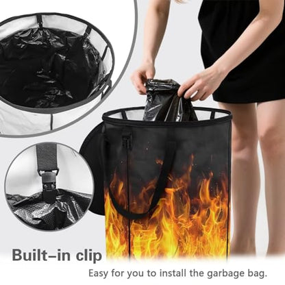 BIGCARJOB Collapsible Garbage Can Fire Print Trash Can Outdoor Waterproof Recycling Bin Storage Bag Holder Trash Bin with Lid and Clip, 22.83x17.71 in - color: Fire Print