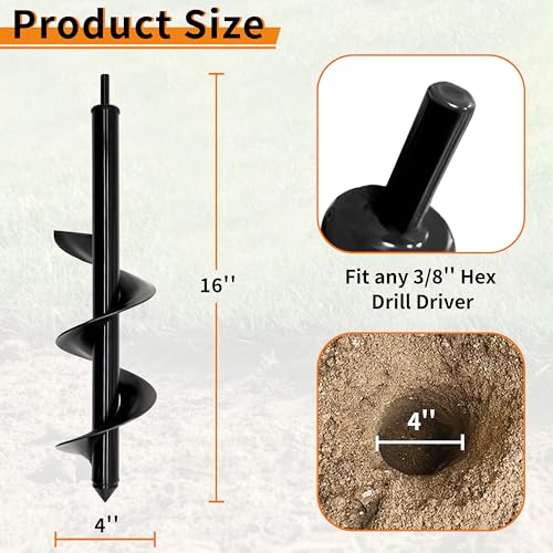 TCBWFY Auger Drill Bit for Planting, 4" x 16" Post Hole Digger, Heavy-Duty Garden Auger Spiral Drill Bit & Bulb Planter Tool Fits 3/8" Hex Drive Drill - size: 4"x16"