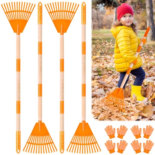 4 Pcs 35'' Kids Rakes for Leaves - Plastic Rake Head with 4 Pairs Kids - color: Orange-4 Pack