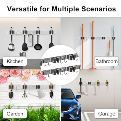Mop Broom Holder Wall Mount, 2 Packs Silver Stainless Steel Tool Storage Organizer for Kitchen Garden Garage Laundry Room Bathroom and RV with 4 Slots 6 Hooks - color: Silver-2 Pack