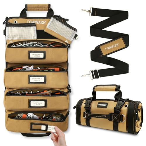 Roll Up Tool Bag, PVC Coated Tool Organizer with 4 Pockets & 2 Pouches - color: Khaki-RollUp