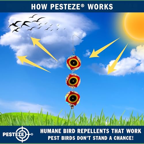 PESTEZE USA Bird Deterrent Discs 3 Pack–Holographic Reflective Circles with Predator Eyes & Bell to Scare Birds Away–Humane Repellent Keeps Birds, Pigeons, Crows & Sparrows from Gardens, Trees, Patios