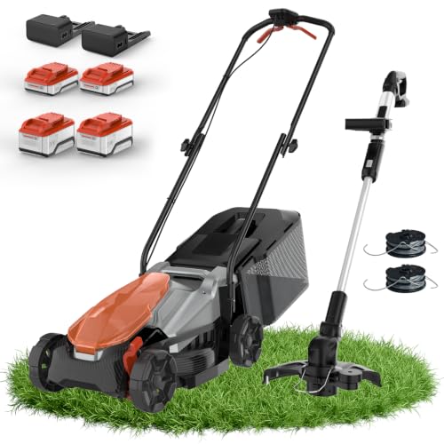 14 Inch Brushless Electric Lawn Mower and 12 Inch Trimmer Combo - color: 14'' Lawn Mower+Weed Wacker, size: 2*5.0Ah+2*2.0Ah