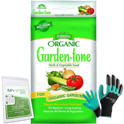 Espoma Organic Garden-Tone Fertilizer 18 LBS GT18 with My Garden Pool PH Soil Test Strips 20 ct, and My Garden Pool Gardening Claw Gloves and Garden-IQ, Smart Gardening AI Assistant!