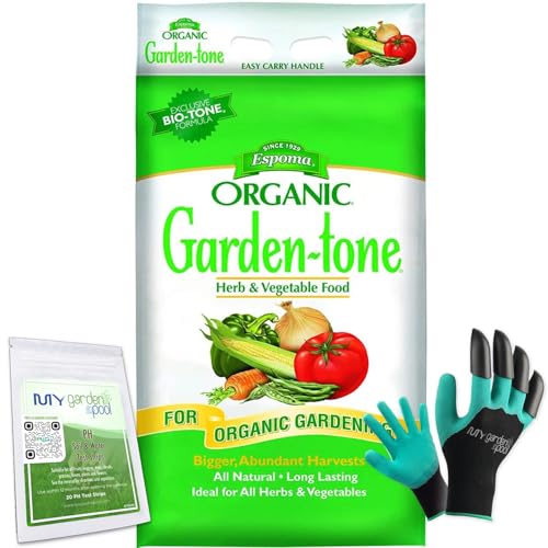 Espoma Organic Garden-Tone Fertilizer 18 LBS GT18 with My Garden Pool PH Soil Test Strips 20 ct, and My Garden Pool Gardening Claw Gloves and Garden-IQ, Smart Gardening AI Assistant!
