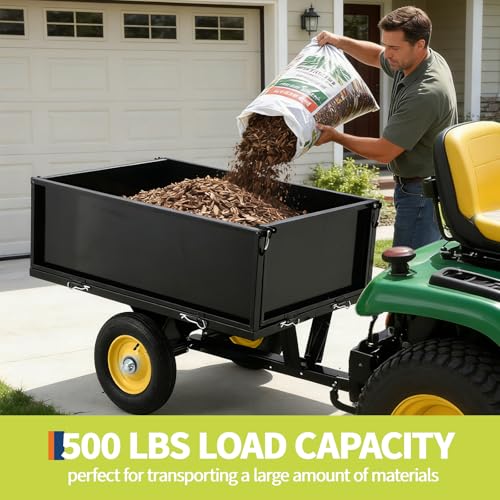Garvee Heavy Duty Tow Behind ATV Trailer Steel Dump Cart 500 LB, 10-Cubic Feet Capacity Garden Utility Trailer with Removable Tailgate for Riding Lawn Mower Tractor - size: 500 LBS