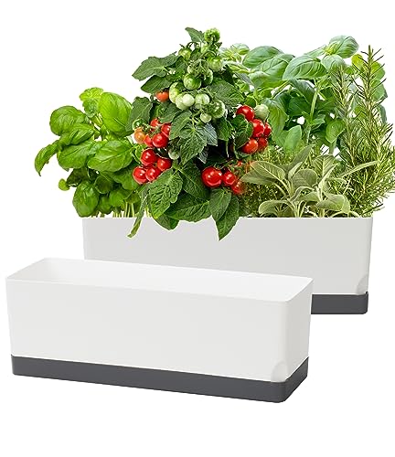 Self Watering Planters Pots for Indoor Plants, 2 Pack 17 Inch Plastic Planter Box Flower Pots for Indoor Outdoor Plants, Rectangle Herb Planter Window Boxes Planters with Drainage, Dark Gray Tray - color: Dark Gray, size: 17 Inch (2 pcs)