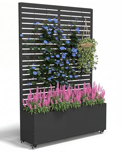 Metal Planter Box with Trellis,70.9"x47.2"x15.7" Raised Garden Bed with Drainage Holes, Privacy Planters for Outdoor Garden Bed for Climbing Plants,Vegetables,and Vines, Black-louvered - color: Black, size: 1pc