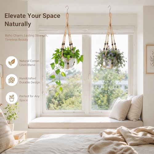 Macrame Plant Hanger Indoor, 23" No Tassel Hanging Plant Holder, Sturdy Flower Pot Holder with Hooks - Brown (Pot NOT Included) - color: Brown, size: 23"-1pc
