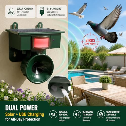 2026 Solar Ultrasonic Bird Repellent Devices Outdoor,Best Bird Deterrent for Pool,Pigeon Repellent for Balcony,Keep Crows Sparrows Starlings Out of Fruit Trees,Swimming Pool,Balcony,Patio,Roof