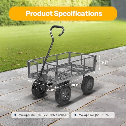 VIVOHOME Heavy Duty 880 Lbs Capacity Mesh Steel Garden Cart Folding Utility Wagon with Removable Sides and 4.10/3.50-4" Wheels 10 inch Tire (Grey) - color: Gray