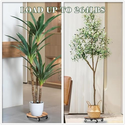 2 Pack Plant Caddy with Wheels,14" + 12" Rolling Plant Stand 264 LB Heavy Duty, Iron and Wood Round Plant Dolly with Metal 360° Lockable Wheels for Outdoor Indoor Large Plant Pots, Patio, Flower Pot - size: 14"&12"
