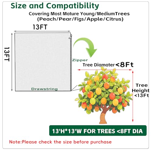 13x13Ft Large Fruit Tree Netting Cover Zipper Drawstring Garden Pest Mesh - size: 13x13FT