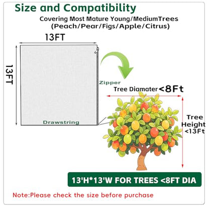 13x13Ft Large Fruit Tree Netting Cover Zipper Drawstring Garden Pest Mesh - size: 13x13FT
