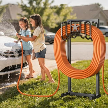 Garden Hose Holder, Heavy Duty Freestanding Metal Stand, 165FT Garden Hose Storage with 4-Spike Stable Base, Rustproof Water Hose Holder for Outdoor Yard Lawn Garden Black