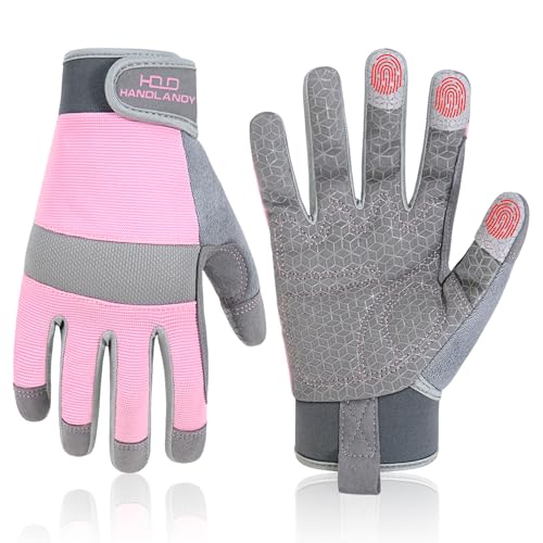 HANDLANDY Work Gloves for Women, Breathable Leather Gardening Glove for Yard Maintenance, Hand Protection with Touch Screen - color: Grey Pink, size: Medium (Pack of 1)