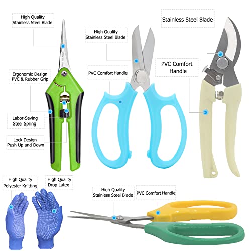 Garden Pruning Shears Garden Scissors Herb Scissors Florist Scissors Floral Snips Bonsai Scissors Hand Pruner with Gardening Gloves,Stainless Steel Straight Tip and Curved Blades,Green+Blue