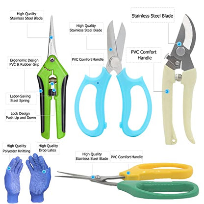 Garden Pruning Shears Garden Scissors Herb Scissors Florist Scissors Floral Snips Bonsai Scissors Hand Pruner with Gardening Gloves,Stainless Steel Straight Tip and Curved Blades,Green+Blue