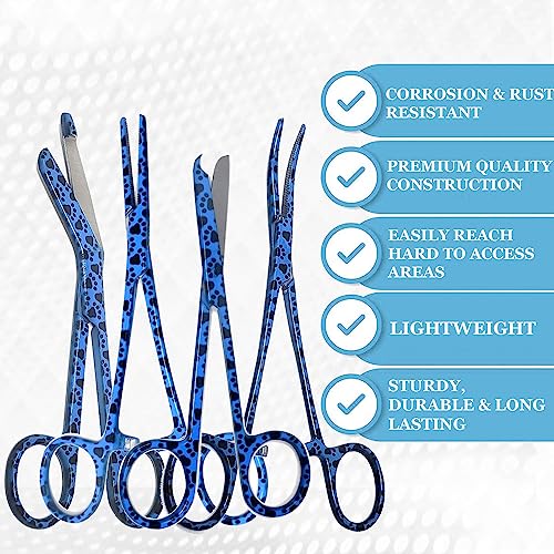 5 pc Bandage Scissors 5.5", Stitch Scissors 4.5", Hemostat 5.5" Straight & Curved, Diagnostic Penlight Made of Premium Quality Stainless Steel - For Training Emergency Supplies & First Aid Kit (Blue) - color: Blue