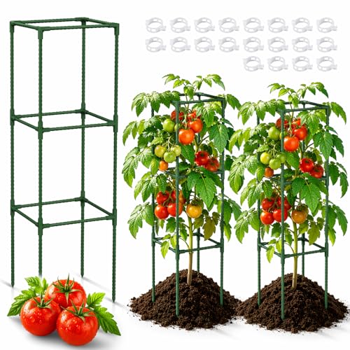 3-Pack Square Tomato Cages, 47.2" Tall Heavy-Duty Plant Support with 11mm Thick Stakes, Adjustable 3-Tier Tomato Trellis for Raised Beds, Large Planters & Climbing Vegetables