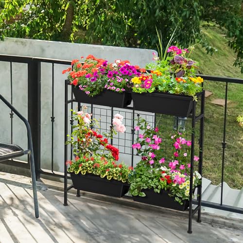 OYEAL Raised Garden Bed 32" Tall Elevated Planter Boxes with Trellis & Legs, Vertical Herb Garden Planter Outdoor for Gardening, Vegetables, Flowers, Herbs, Backyard, Black - color: Black