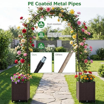 BECOMFORT 91”H Garden Arch Trellis with with 2 Self-Watering Planter Box, PE-Coated Metal Arbor with Lockable Wheels for Climbing Plants Outdoor Wedding Garden Party Backdrop & Flower Support - size: 80“Lx16"Wx91”H