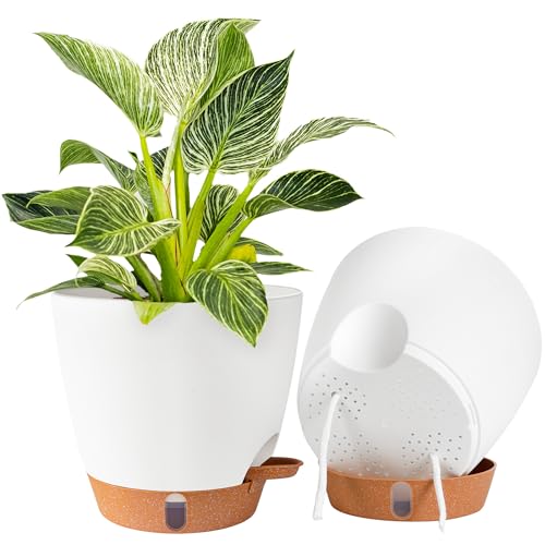 2 Pack 8 Inch Pots for Plants Indoor, Plastic Self Watering Planters - color: White, size: 8 inch