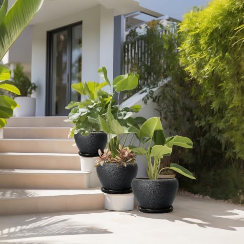10+8+6 Inch Ceramic Planter, Ceramic Plant Pots, Relief Black - color: Relief Black