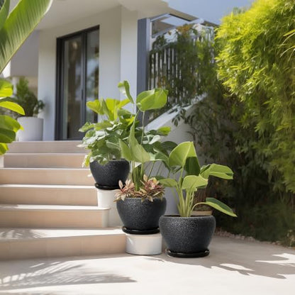 10+8+6 Inch Ceramic Planter, Ceramic Plant Pots, Relief Black - color: Relief Black