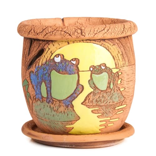 STP GOODS Ceramic Pot with Drainage Hole and Saucer, Plant Pots, Modern Decorative Planters for House Plants Indoor Flowers Plants, Cute Flower Pot - Gifts (Frogs in Moonlight (0.7 L)) - color: Frogs in Moonlight (0.7 L)