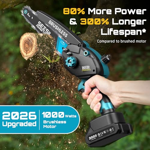 SEESII 8 Inch & 6 Inch Mini Chainsaw Cordless with 2 Batteries & Auto Oiler - color: Blue