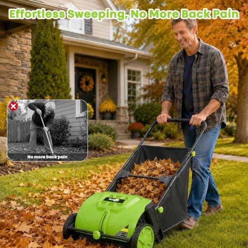 22-Inch Push Lawn Sweeper, Leaf & Grass Collector for Clippings, Wet Leaves